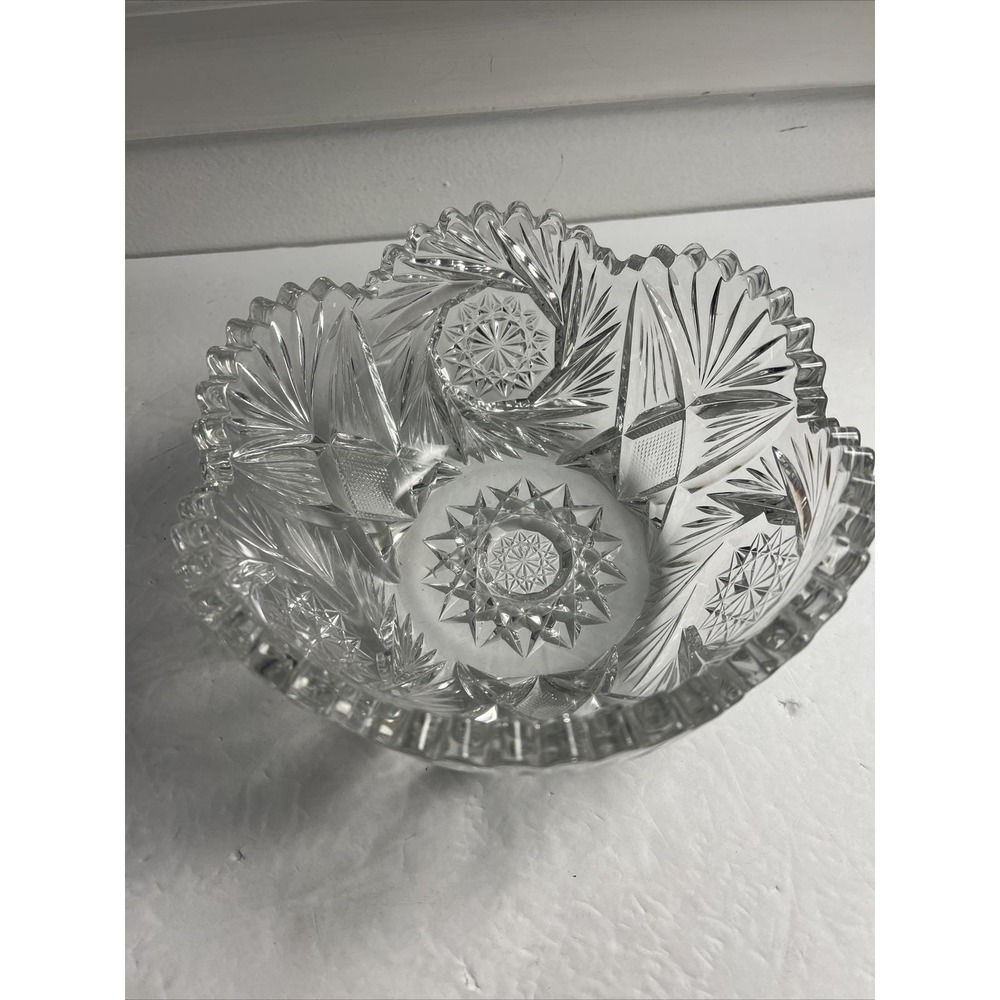 Antique American Brilliant Cut Glass VERY WELL-CUT Clear Blank Center Bowl 8"